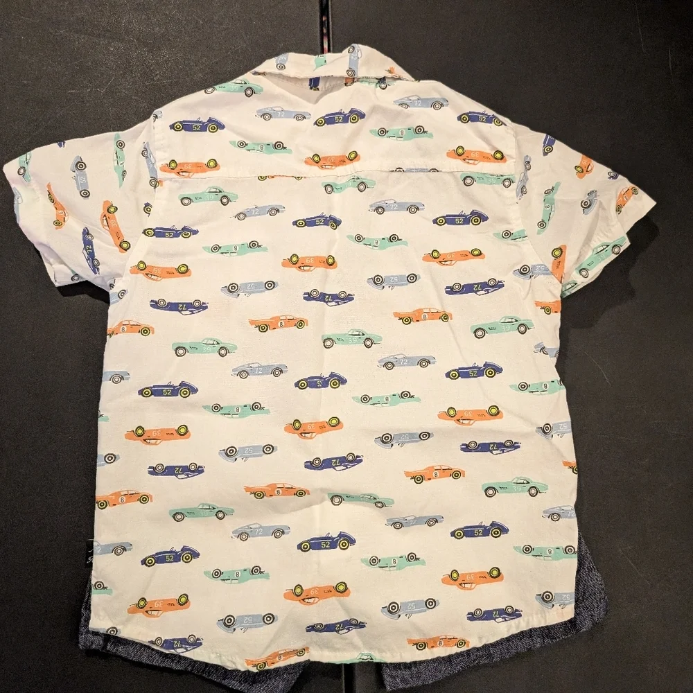 American Hawk Toddler Boy Car Print Button-Up Short w/ Dark Chambray Shorts 4T